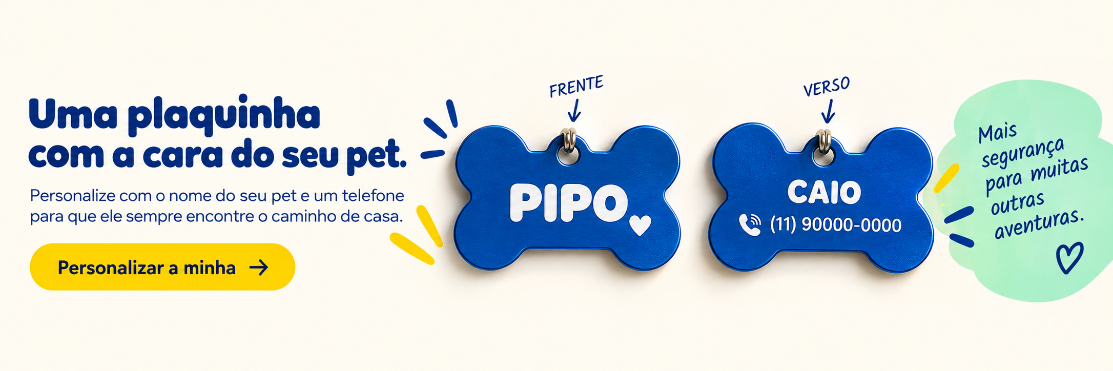 Uma plaquinha com a cara do seu pet. Frente e verso azuis com gravação branca e detalhes desenhados à mão.