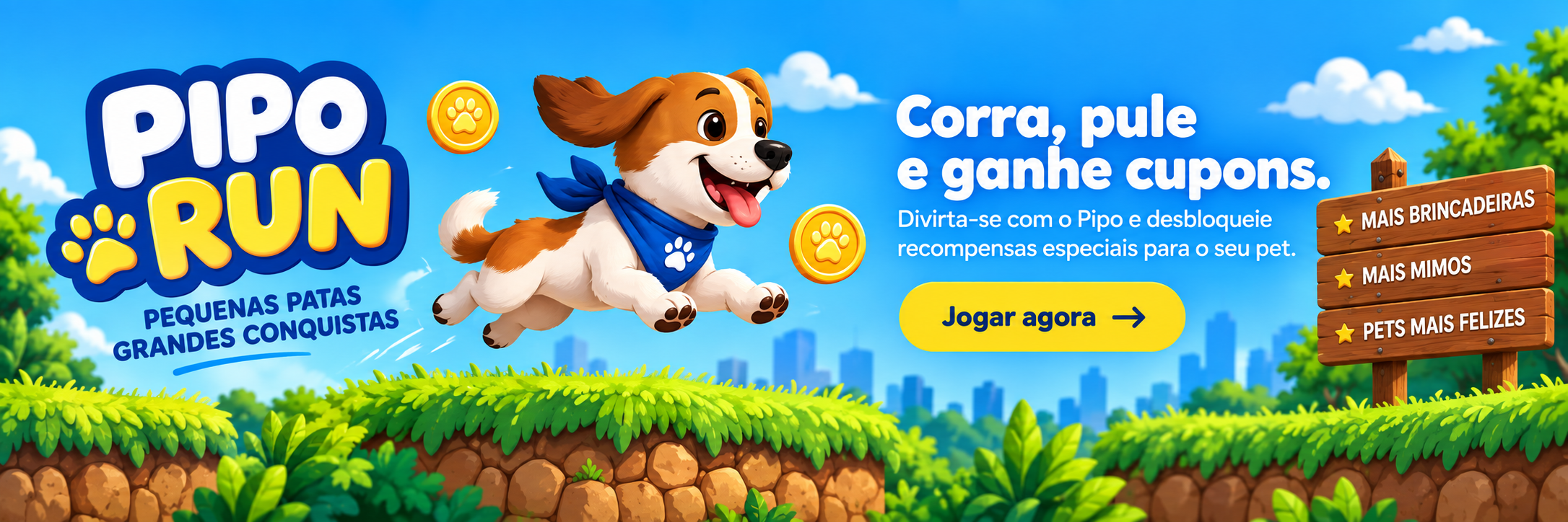 Pipo Run. Corra, pule e ganhe cupons. Mascote pulando entre plataformas e moedas.